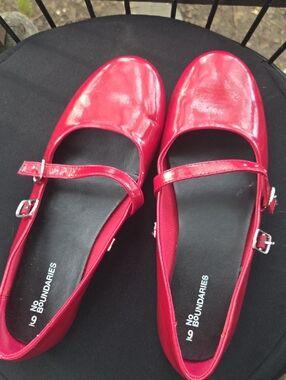 No Boundaries Shiny Red Mary Jane Flats with Buckle Strap